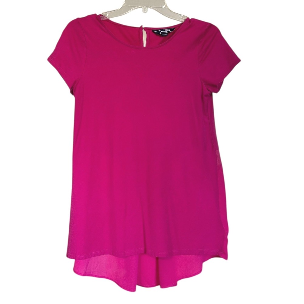 Lands End Womens Pink Mixed Media High Low Short Sleeve Peplum‎ Top S 6-8